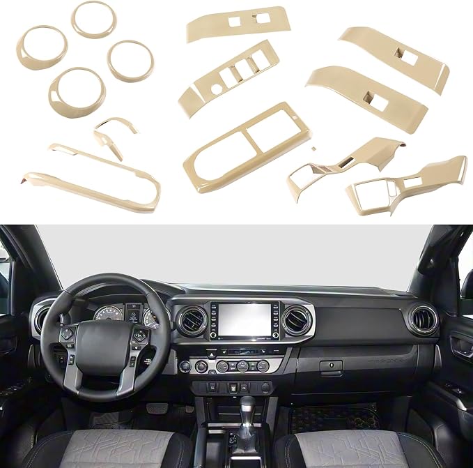 14PCS Full Set Interior Decoration Trim Kit Compatible with Toyot@ Tacoma 2016-2022 Central Control Dashboard Frame Cover Shift Knob Cover Air Vent Trim Cover Window Button Cover (Light Gray)