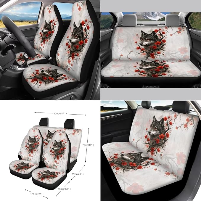 Wolf Plum Blossom Pattern Car Accessories Set of 15, Full Set Seats Covers Auto Streering Wheel Cover Trash Bin Seat Belt Covers Keychain Coasters Air Vent Storage Bag