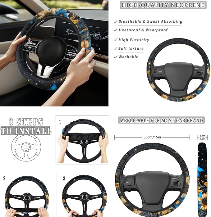 Sunflower Butterfly Car Seat Covers Set of 12 Steering Wheel Cover Car Seat Belt Pad Cover Center Console Cover Fashion Auto Interior Universal Fit Most Vehicles Cars SUV