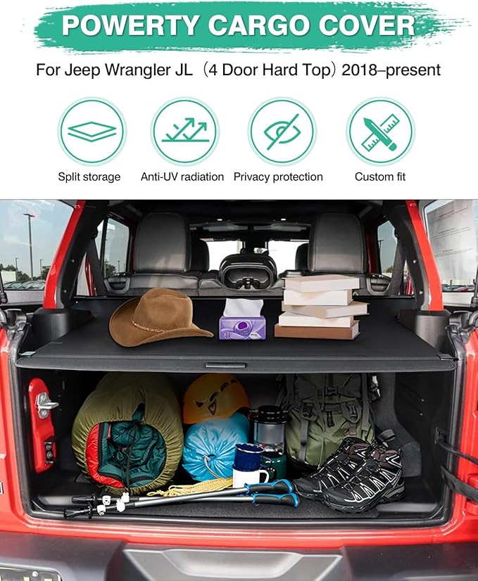 Powerty Cargo Cover for 2018-2023 Jeep Wrangler JL 4 Door Hard Top (Not for 2.0T 4XE & Soft Top) Accessories Trunk Cover Retractable Rear Trunk Security Cover Shielding Shade