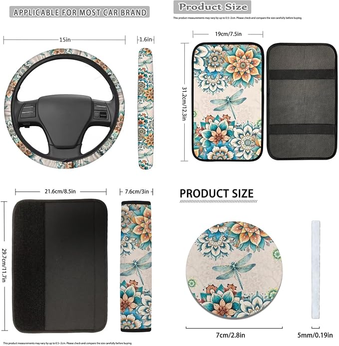 Bohemian Dragonfly Car Seat Covers Full Set 12Pcs Universal Fit Front and Split Bench Rear+Steering Wheel Cover+Seatbelt+Key+Center Console Armrest Pads for Cars,Boho Car Accessory