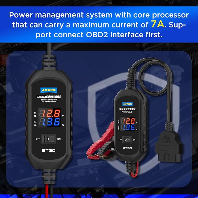 AUTOOL OBD II Car Memory Saver Cable 12V Vehicle ECU Emergency Power Supply Cable Digital Display OBD II Battery Leakage Detective Kit with 3A Fuse & 2 Alligator Clips