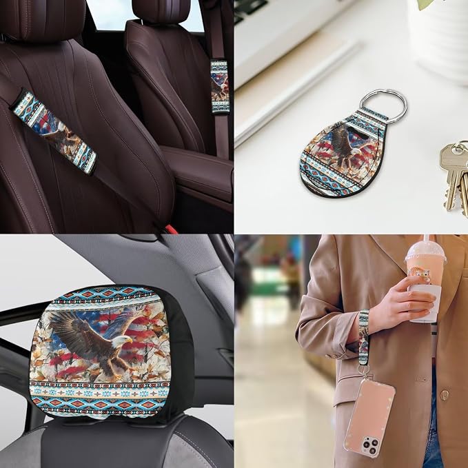 American Flag Eagle Car Seat Covers Full Sets 18 Pcs Aztec Tribal Car Accessories Set with Car Seat Belt Pads Cover Universal Fit Car Headrest Covers Car Trash Can Steering Wheel Wrap