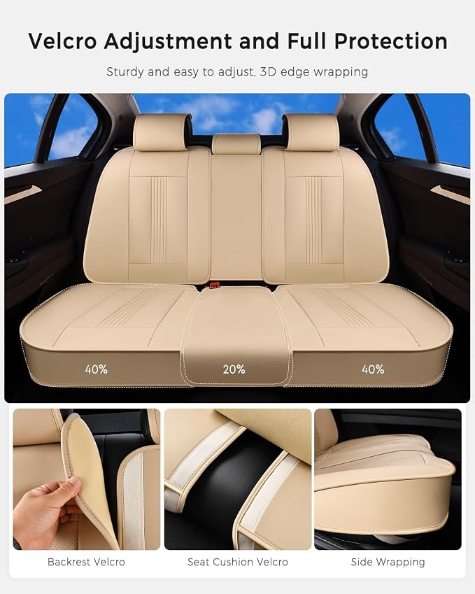 Huidasource Beige Rear Seat Cover, Nappa Leather Back Seat Cover with Ventilation Holes, Velcro Adjustable, Compatible with Seat Belts, Child Safety Seats, Fit for Most Cars SUV Truck, Beige