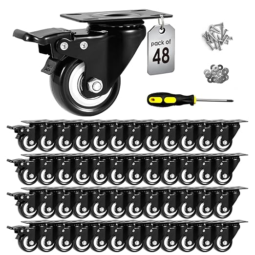 2" Caster Wheels Set of 48, Heavy Duty with Brake | No Noise, Locking, Polyurethane (PU) Wheels, Swivel Plate, Black, Pack of 48