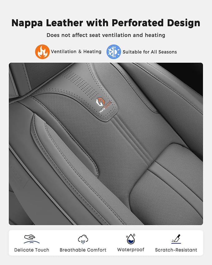 Huidasource Gray Seat Covers Luxury Nappa Leather, Car Seat Cover with Velcro Adjustable, Airbag, Lumbar Support, Cooling and Heating, Seat Covers for Universal Fit for Most Cars SUV Trucks, Gray
