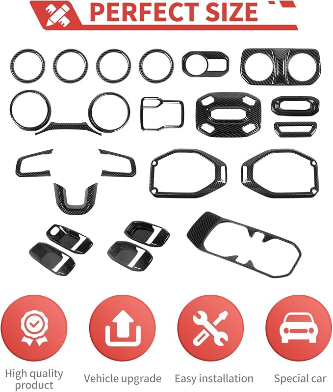 23pcs Full Set Interior Trim Kit for Jeep Wrangler JL JLU Gladiator JT 2018-2023 Steering Wheel Door Handle Air Conditioning Vent Cup Holder Reading Light Headlight Gear Cover, Carbon Fiber