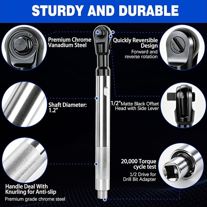 1/2" Offset Extension Wrench for Electric with Versatile 3/8", 1/4" Square Drive Adapters Impact Ratchet Extender, for Tight Spaces