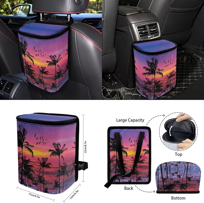 Sunset Tropical Palm 15 PCS Car Seat Cover Full Set, with Steering Wheel Cover Seat Belt Cover Trash Cans Rear View Mirror Cover Cup Coaster Keychain Universal Fit