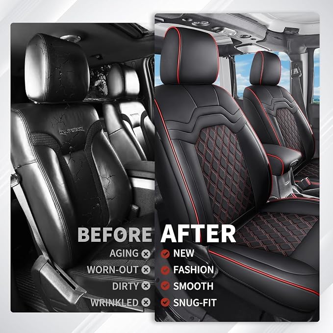 Huidasource Fit for Silverado Front Seat Covers, Sierra Front Seat Covers 1500 2007-2026, 2500HD 3500HD 2015-2026 Crew Double Extended Cab, Nappa Leather Heavy Duty Truck Front Seat Cover, Black&Red