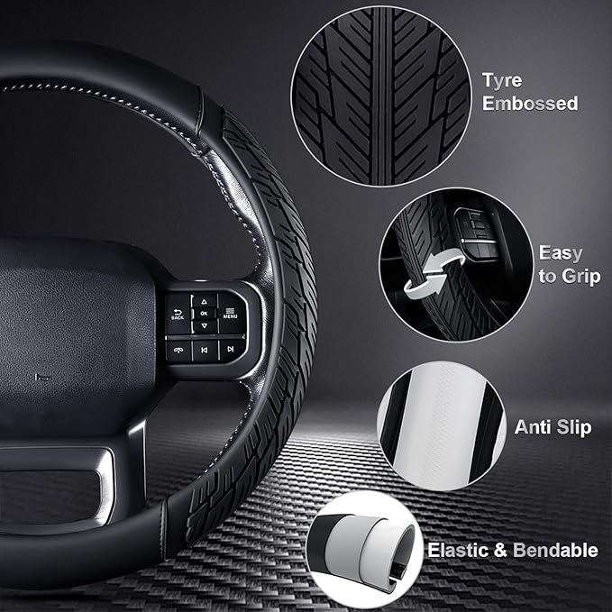 CAR PASS Rubber Leather Steering Wheel Cover Large-Size 15.5-16 Inches Fit for Truck SUV Large Car Ram F150 Tundra 4Runner Tacoma, XXL Heavy Duty Deep-Dish Car Floor Mats, Trim-to-Fit Car Mat Black