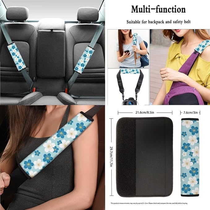 White Blue Cherry Blossom Pattern Car Accessories Car Seat Covers Full Set with Steering Wheel Covers+Seat Belt Pads+Coasters+Keychain+Lipstick Holder Universal Fit(13 Pack)