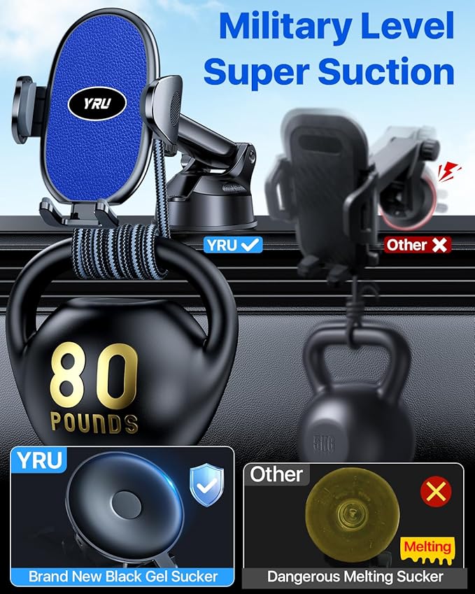 YRU Upgraded Universal Car Phone Holder Mount【360°Rotatable & Strong Suction】 Cell Phone Car Dashboard Windshield Phone Holder Dash Vent Stand for iPhone 17 16 Pro Max Samsung Truck, Star Blue