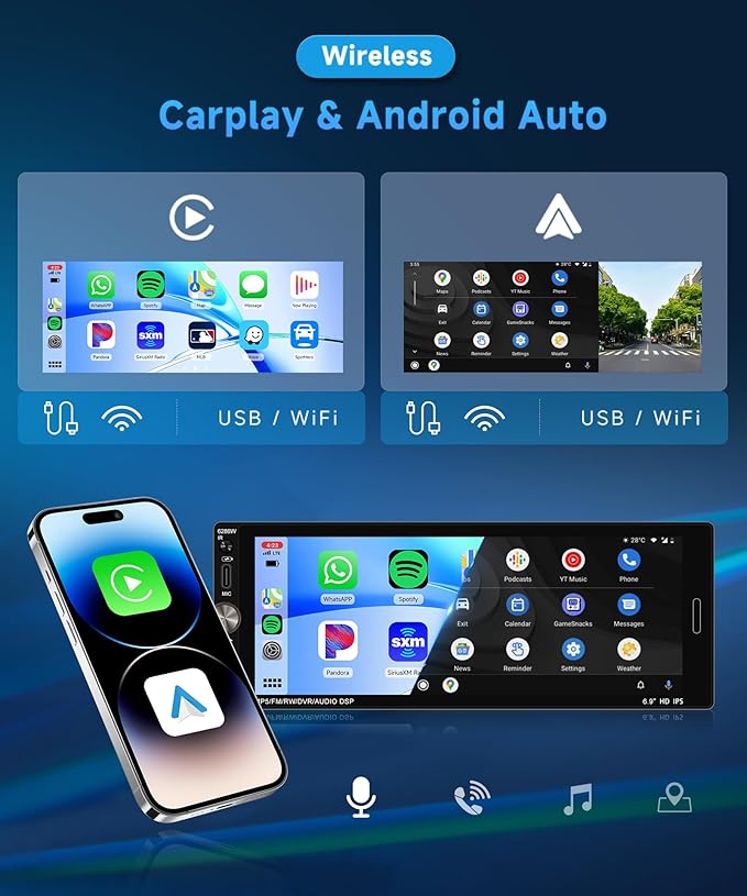 6.9 Inch Single Din Car Stereo with Wireless CarPlay/Android Auto/Mirror Link,1 Din IPS Touchscreen Car Radio Bluetooth Handsfree FM Type-C USB EQ Reverse Camera SWC