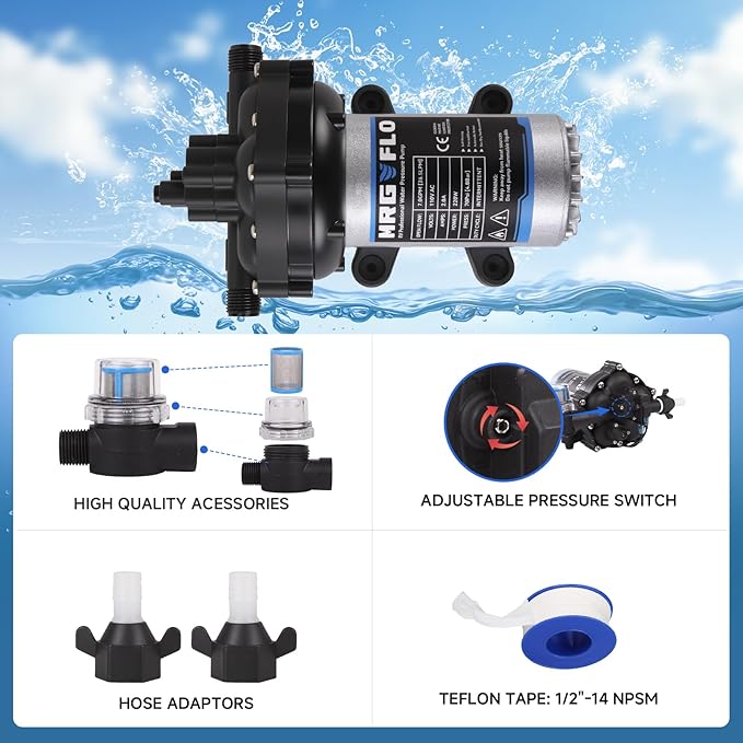 [Upgraded Version] 12V DC RV Fresh Water Pump, 7GPM 70PSI, Five Chamber Self-Priming Diaphragm Pump with Heavy Duty Pressure Switch & Strainer (12V-7GPM-70PSI)