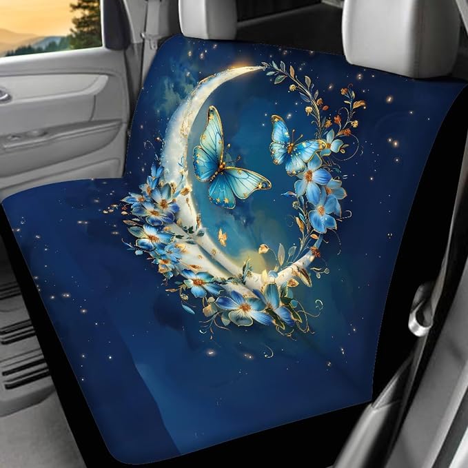 Butterfly Car Accessories Set 17 Pack Stars Moon Butterfly Car Seat Covers Full Set with Car Mats Full Set,Cup Coaster,Center Console Cover,Seat Belt Shoulder Pad,Lip Balm Keychain Holder