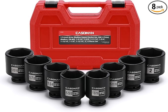 CASOMAN 1/2-Inch Drive Shallow Spindle Axle Nut Impact Socket Set,1-9/16" to 2", 6-Point, SAE, CR-MO, 8 Piece 1/2" Heavy Duty Impact Socket Set