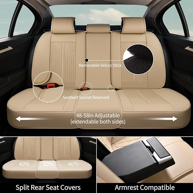 FLORICH Car Seat Covers Full Set Leather Front and Rear Seat Covers Luxury Automotive Car Seat Cover Car Seat Cushion Seat Protector Universal Fit for Most Cars Trucks SUV, Beige