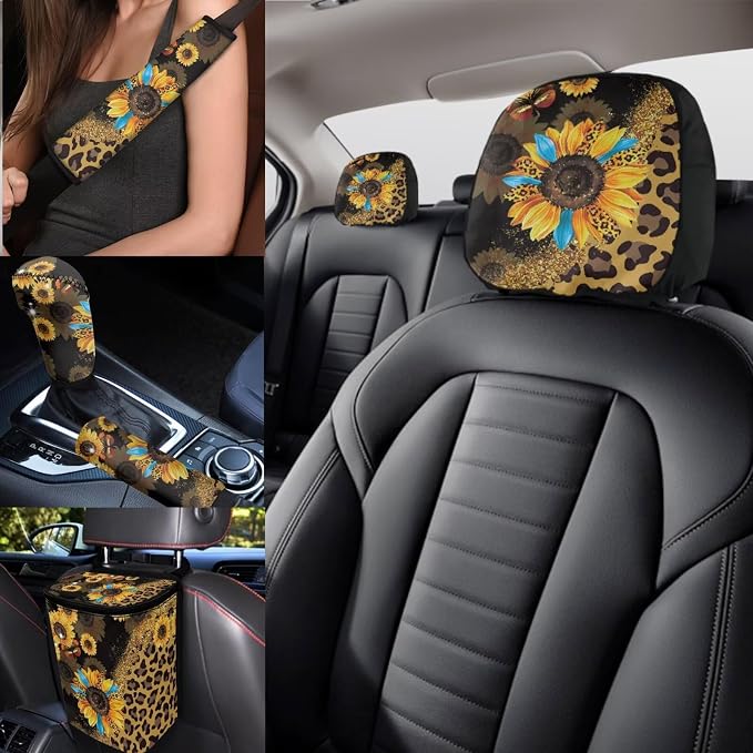 17 Pack Leopard Print Car Seat Covers Full Set for Front and Rear,Sunflower Car Accessories Sets with Women Man with Mirror Cover,Steering Wheel Cover,Auto Trash Can with Lid,Universal Fit