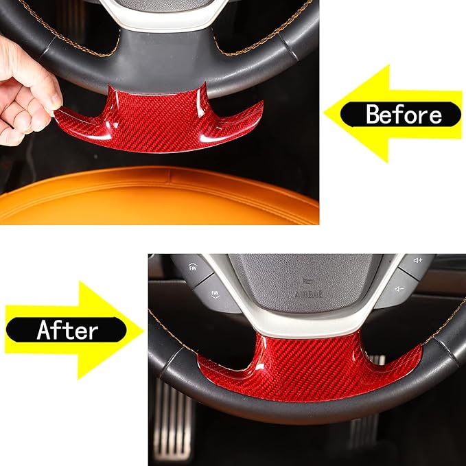Steering Wheel Cover Trim Real Carbon Fiber 1PCS Compatible with Corvette C7 Z06 Z51 ZR1 Stingray 2014 2015 2016 2017 2018 2019 (Red Carbon)