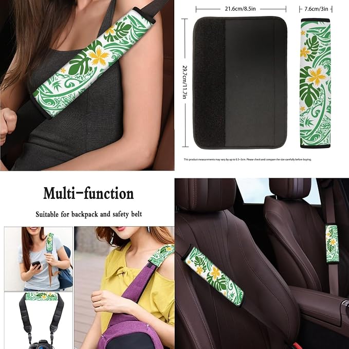 13 Set Tropical Plumeria Car Seat Cover, Hawaii Frangipane Flower Seat Belt Cover Cup Holder Keyring, Tribal Ethnic Spiral Steering Wheel Cover Universal for Most Cars