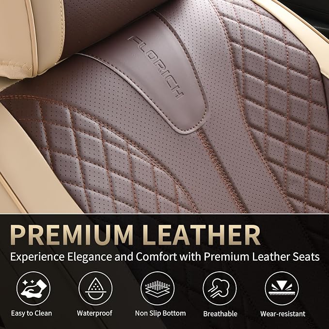 FLORICH Front Seat Covers 2 Pieces Universal Seat Cover for Cars Breathable Leather Waterproof Car Seat Cover Driver Seat Cover Automotive Car Seat Cushion Fit for Most Cars SUV Trucks, Beige&Coffee