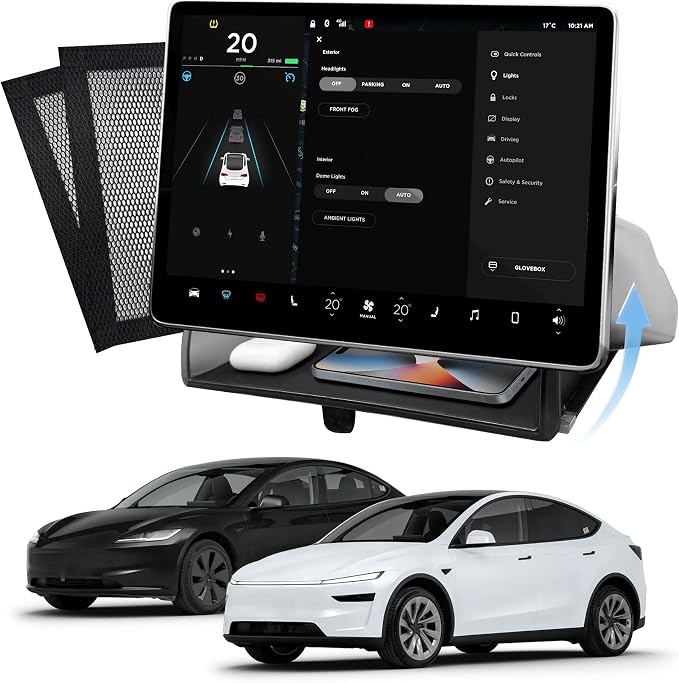 Hidden Under Screen Storage Box for Tesla Model Y(2025-2026) & Model 3 (2024-2026) – Openable Center Console Organizer with Anti-Slip Pad, Tesla Accessories