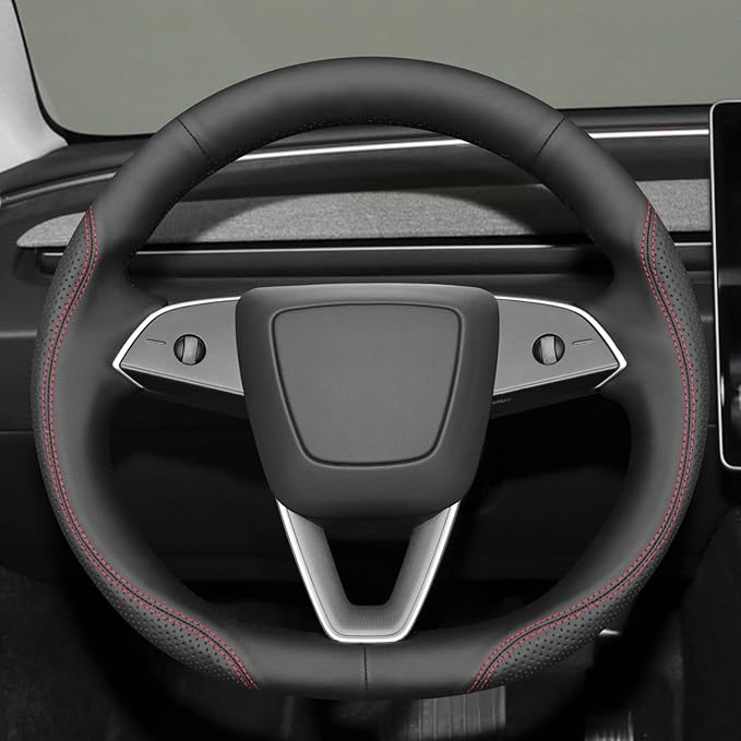 MEWANT DIY Steering Wheel Cover for Tesla Model 3 Highland Model Juniper 2025 Black Faux Leather Steering Wheel Wrap