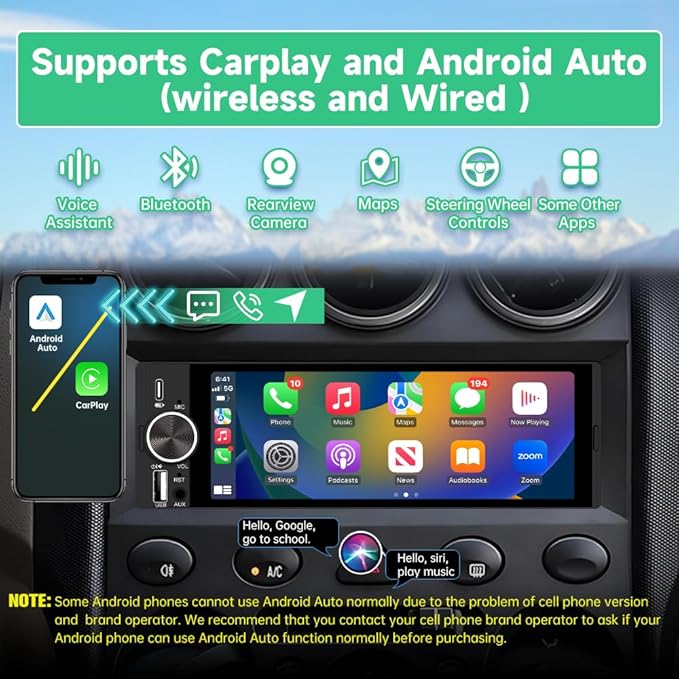 6.36 inch Single Din Car Stereo with CarPlay&Android Auto HD IPS Touchscreen Radio with Bluetooth 5.0, 720P BackupCamera with 6M Cable, Support USB Type-C Charging/USB/Microphone/FM/EQ/GPS/SWC