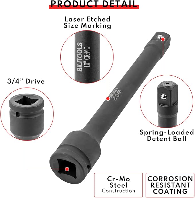 BILITOOLS 3/4 inch Drive Extension Set & 8-Piece Impact XZN Triple Square Spline Bit Socket Set 1/2 inch Drive, M5-M18, Cr-Mo Steel