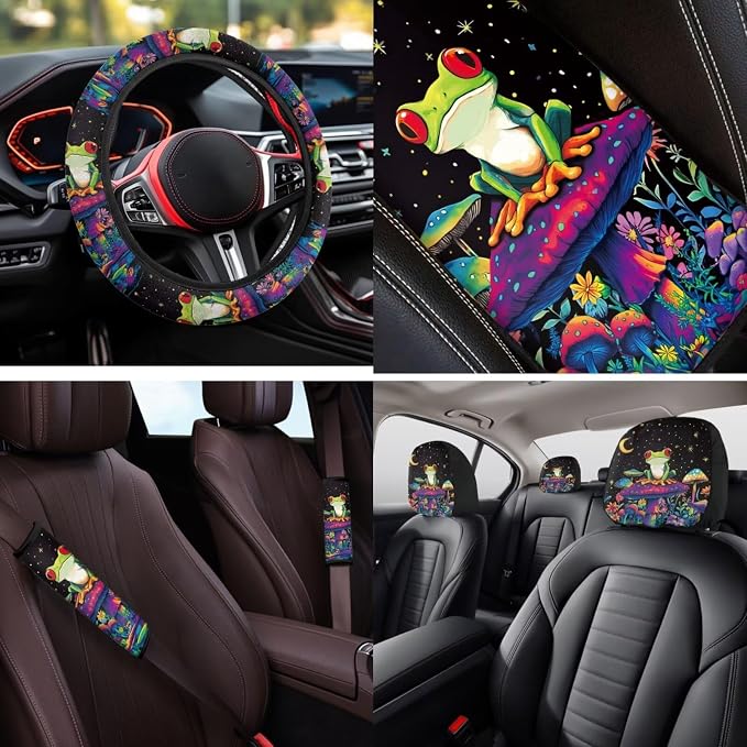 Bulopur Mushroom Frog Vehicle Seat Covers Front and Rear with 15 Inch Steering Wheel Cover Breathable Center Console Cushion Car Seat Headrest Covers Seat Belt Pads Vehicle Interior Decor Set