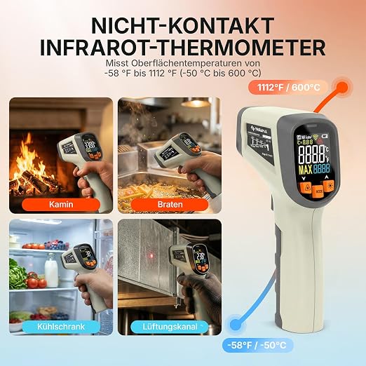 Tilswall Infrared Thermometer, Laser Temperature Gun, -50°C~600°C (-58F~1112F)with Adjustable Emissivity, for Cooking/Pizza Oven/BBQ/Vehicle Repair, Meat Thermometer included, Not for Human(OW), W301