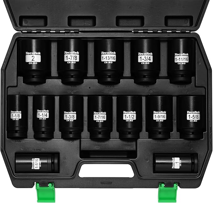 TecoTek 3/4" Drive Deep 6-Point Impact Socket Set, 14-Piece Heavy Duty Impact Socket Set, Cr-Mo, SAE (1" to 2"), for Large Vehicle and Apparatus Maintenance
