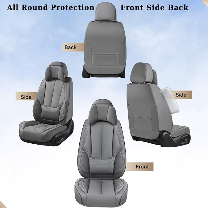 Coverado Universal Seat Covers Front, 2-Pack Universal Seat Covers for Cars, Waterproof Nappa Leather Car Seat Covers with Head Pillow, Auto Protectors Fit for Most Sedans SUV Pick-up Truck-Gray