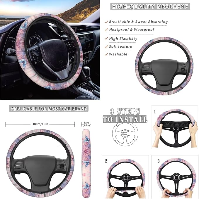 Butterfly Pink Cherry Blossom Print Car Accessories Car Seat Covers Full Set with Steering Wheel Covers+Seat Belt Pads+Coasters+Keychain+Lipstick Holder Universal Fit(13 Pack)