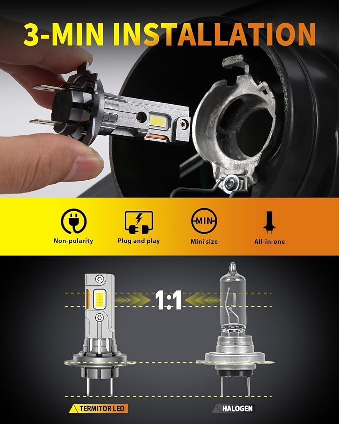 Termitor Upgraded H7 H7LL Bulbs, 90,000LM Insane Brightness Off Road Lights | Compact 1:1 Original Size, Working Lifespan, Cool Daylight 6500K, Tool-Free Quick Installation Fog Bulb UTV ATV, Pack of 2