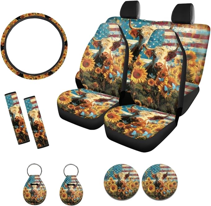 Xoenoiee American Flag Cow Butterfly Sunflower Car Seat Covers and Accessories, Front Rear Seat Covers, Steering Wheel Cover, Seat Belt Pads, Coasters, Keychains for Car SUV Decor, 11 PCS Set