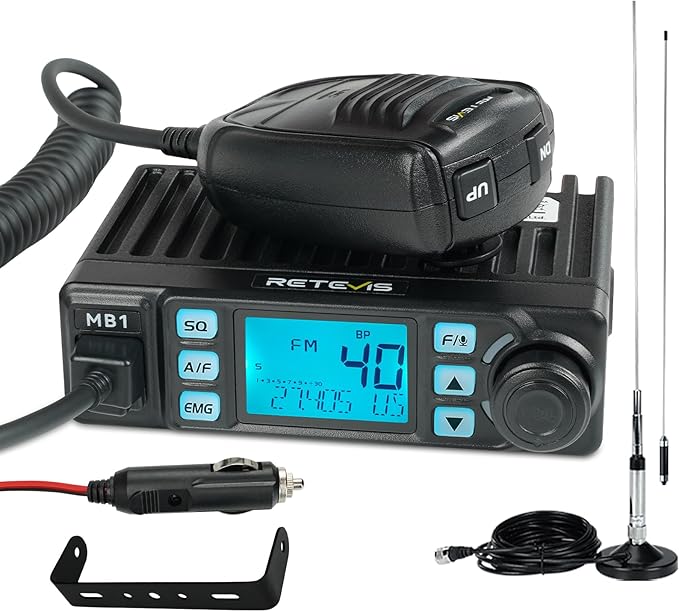 Retevis MB1 CB Radio Kit, Noise Cancellation AM/FM Mini CB Radio with Antenna, 12V/24V Cigarette Lighter Plug, 7-Color Screen, Emergency Channel 9/19, VOX, Auto-Scan, for Truckers