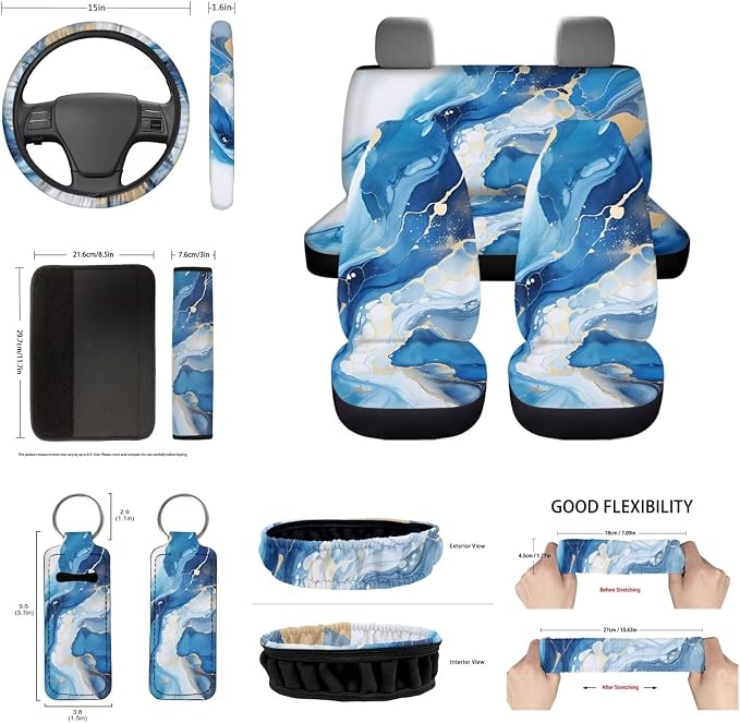 Blue Marble Auto Seat Covers 14pcs Full Set Car Accessory Universal Fit Car Seatbelt Pads Steering Wheel Cover Handbreak Gear Shift Cushion Keychain Durable Auto Interior Protector