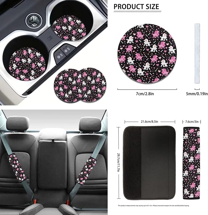 Pink Poodle Dog Car Seat Covers 12 Pack Set Universal Fit Auto Steering Wheel Cover Seat Belt Keys RingAbsorbent Cup Holder Pads for SUV Truck Vehicle Interior Set Dog Lover Car Accessory