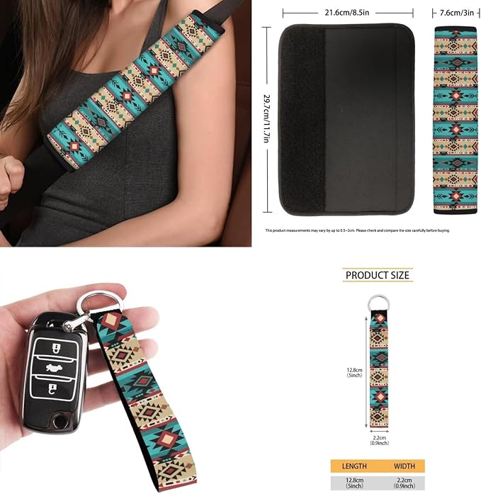 Western Aztec Car Seat Covers Set of 15 with Universal Steering Wheel Cover, Rearview Mirror Cover, Car Trash Can, Seatbelt Pads, Cup Holder Coasters, Keychains