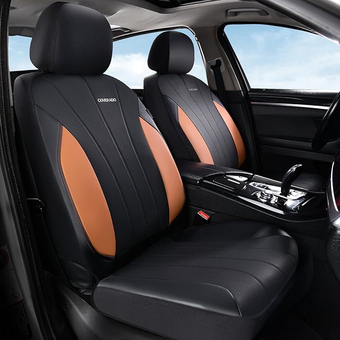 Coverado Car Seat Covers Full Set, 5 Seats Waterproof Nappa Leather Automotive Seat Protectors, Front & Rear Luxury Mesh Seat Covers, All-Weather Universal Fit Most Cars for SUVs, Trucks, Brown&Black