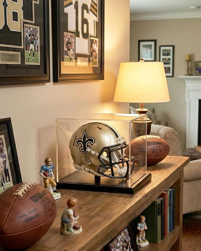 Mini Helmet Display Case with Solid Wood Base - Floating Design Clear Fully Assembled Acrylic Box for 1:2 Scale Football Helmets, Dustproof Memorabilia Showcase (Dark Walnut)