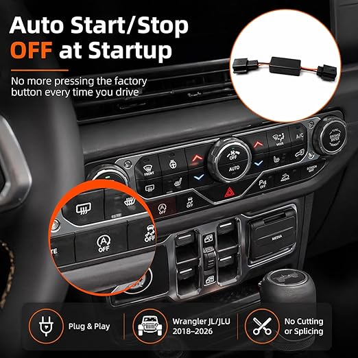 Auto Start Stop Eliminator for Jeep Wrangler JL JLU 2018-2026, Plug & Play Inline Harness, Auto Start/Stop Off by Default, No Programming, Not for 4xe