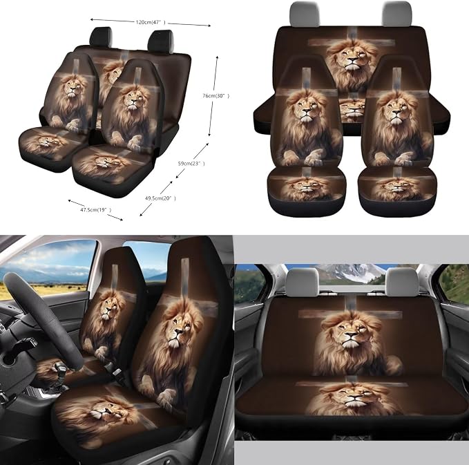 Lion Cross Print 10 Pack Car Accessories, Front and Rear Seat Covers Car Trash Bin Cup Holders Lanyard Keychain Air Vent Storage Bag Steering Wheel Cover Car Interior Decor Fit Most Cars