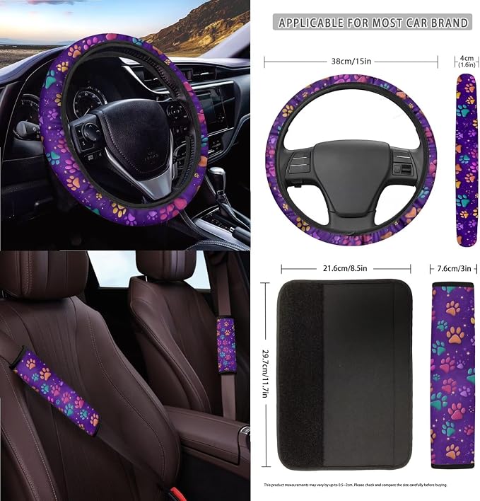 Dog Paw Print Car Interior Covers Full Set 15Pcs Universal Car Front and Rear Seat Covers with Steering Wheel Cover Safety Belt Pads Inside Rearview Mirror Cover Cup Mats
