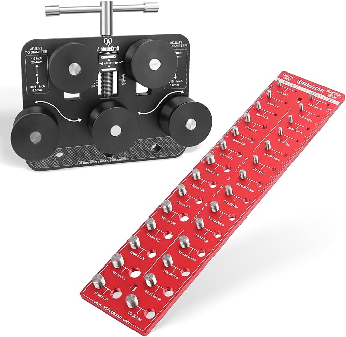 Combo – Thread Checker with SUS304 Bolts & 6061 Aluminum Base + Tubing Straightener for 3/16"–1.0" Brake, Fuel, Aluminum & Copper Lines