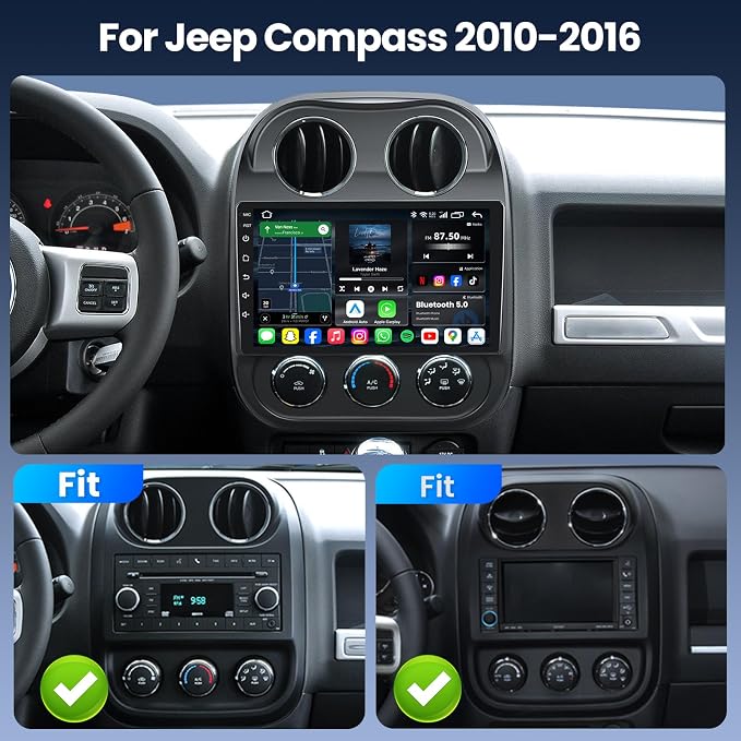 10'' Car Radio for Jeep Patriot Compass 2010-2016, Wireless CarPlay & Android Auto, Android Car Stereo with 2GB+64GB, Bluetooth 5.0, GPS Navigation, WiFi, FM, SWC, Backup Camera
