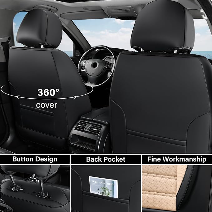 Coverado Car Seat Covers Full Set, Seat Covers for Cars, Automotive Seat Covers, Waterproof Nappa Leather Front Seats and Back Car Seat Protector, Universal Fit for Most Cars SUV Trucks,Black&Beige