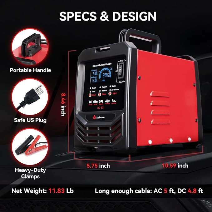 12V/24V Car Battery Charger Heavy Duty, 0-15A Automatic Battery Maintainer, Smart Trickle Charger with Repair, Auto Shutoffs, Winter Boost Mode, for Car Truck Lawn Mower AGM Deep Cycle